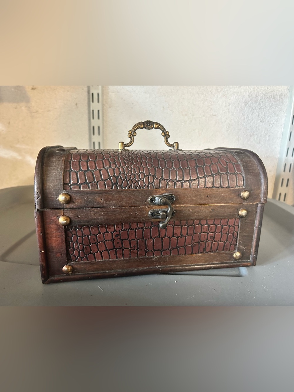Vintage Croc-Embossed Decorative Box or purse in Deep Brown with Brass Hardware